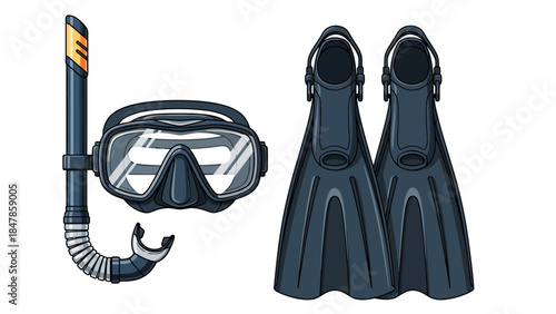 Scuba diving gear including a mask snorkel and fins