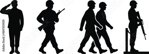 Collection of black silhouette vector graphics depicting various military soldier poses including saluting marching and standing guard duty