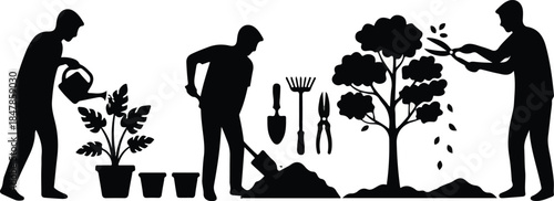 Black silhouette graphics depict various gardening activities including watering digging pruning a tree and using essential garden tools for cultivation projects
