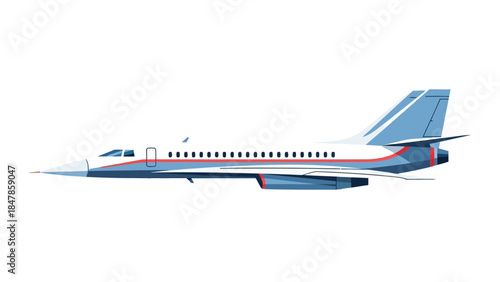 Side view of a blue and white jet airplane with red accents