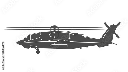 Silhouette of a dark gray helicopter in profile against a white background