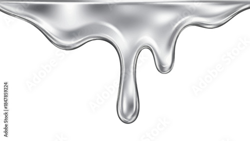 Silver liquid dripping from a surface creating glossy waves and droplets