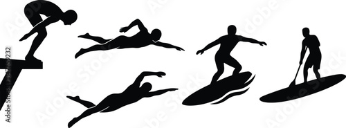 Collection of black silhouette icons depicting various water sports activities including diving swimming surfing and stand up paddleboarding for graphic design