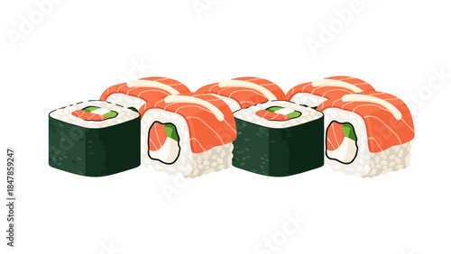 Six salmon sushi rolls with avocado and rice