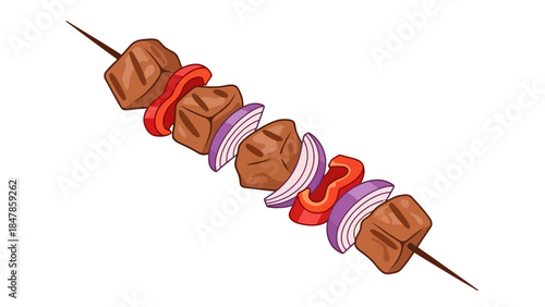 Skewer of grilled meat red bell pepper and red onion