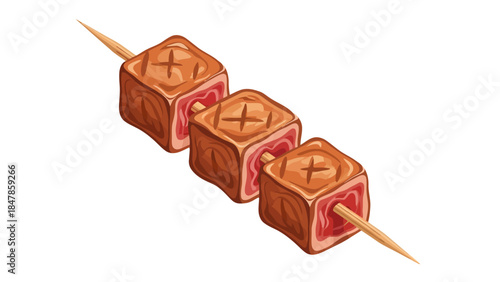 Skewered cubes of grilled meat on a white background