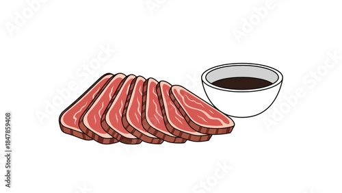 Sliced rare steak with a dipping sauce bowl