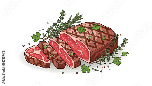 Sliced grilled steak with herbs and peppercorns