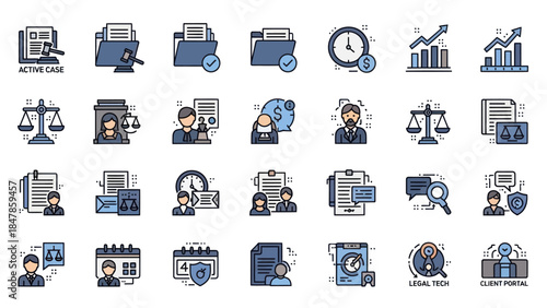 Collection of legal and business icons representing case management and client services