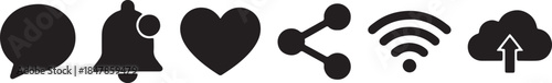 Collection of essential black solid social media icons featuring chat notification heart share wifi and cloud upload symbols for web design