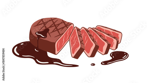 Sliced steak with grill marks and gravy on a white background