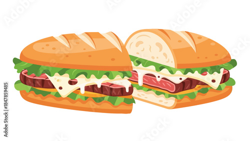 Sliced steak sandwich with melted cheese and lettuce