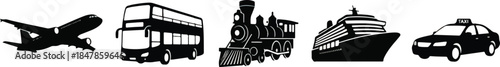Collection of black silhouette icons representing diverse modes of transportation including airplane bus train cruise ship and taxi cab
