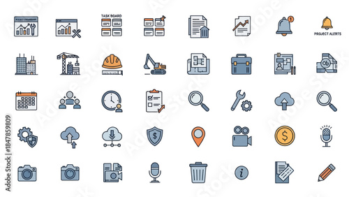 Comprehensive collection of project management and business icons for modern digital interfaces