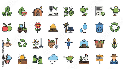 Collection of stylized icons representing organic farming and agricultural concepts and elements