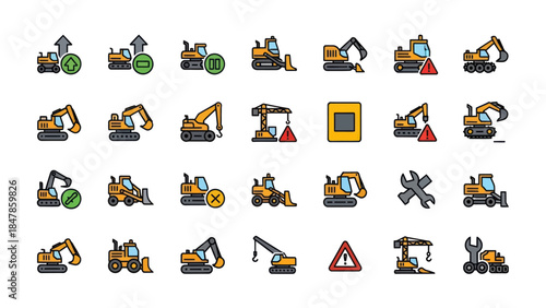 Essential construction equipment vector icons showcasing heavy machinery operations and critical