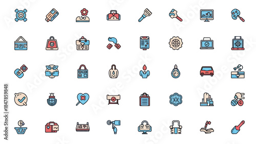Diverse collection of colorful outlined flat design icons representing various modern concepts and