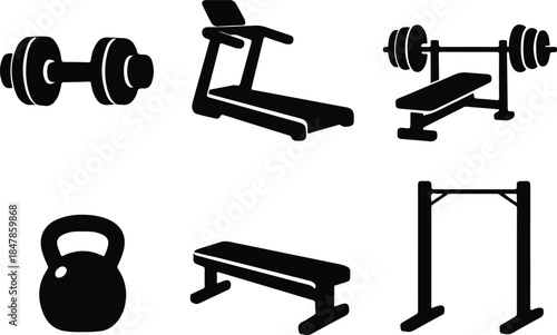 Collection of black silhouette icons representing various gym equipment including a dumbbell treadmill weight bench and pull up bar for fitness graphics
