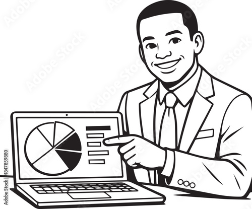 Cartoon illustration of a professional businessman in a suit working on a laptop at an office desk, featuring a vector person managing internet technology and communication on a computer screen