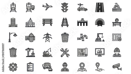 Collection of Urban and Infrastructure Icons Represents City and Industrial Elements