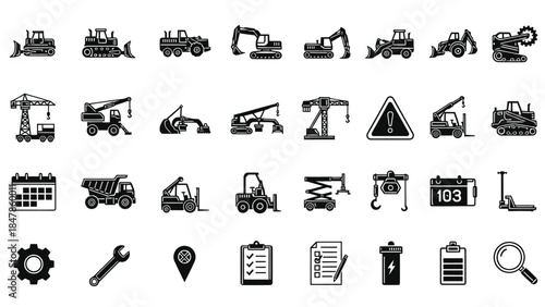 Comprehensive collection of heavy machinery and industrial equipment vector icons for construction
