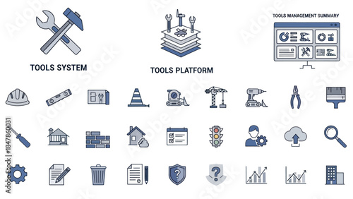 Set of diverse industrial and construction icons representing tools and systems