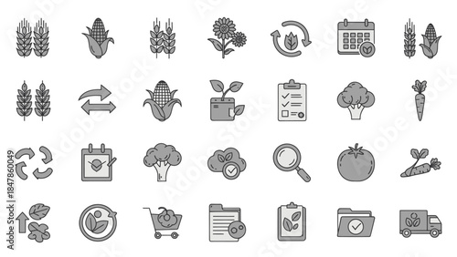 Collection of agricultural and environmental concept icons including plants and farming elements
