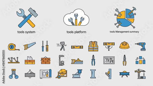 A Comprehensive Collection of Construction and Maintenance Tool Icons for Digital Design Projects