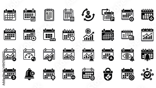 Collection of calendar and scheduling icons representing various business and planning tasks