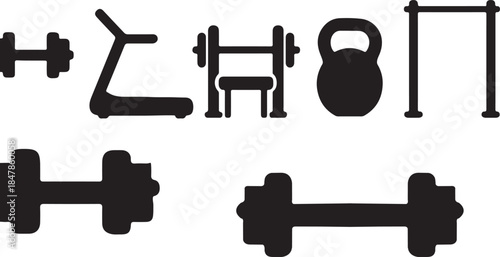 Collection of black silhouette icons representing various gym equipment including dumbbells treadmill kettlebell bench press and pull up bar for fitness graphics