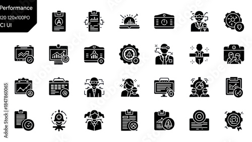 Comprehensive collection of glyph icons for business performance monitoring, data analytics, and