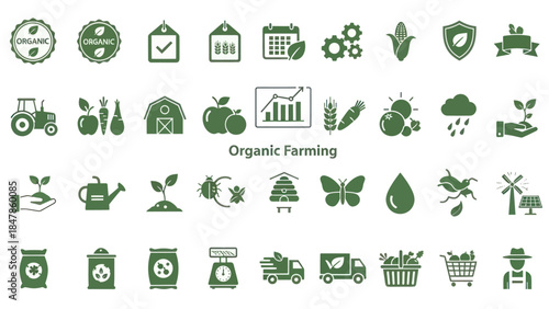 Comprehensive collection of organic farming icons showcasing sustainable agriculture and