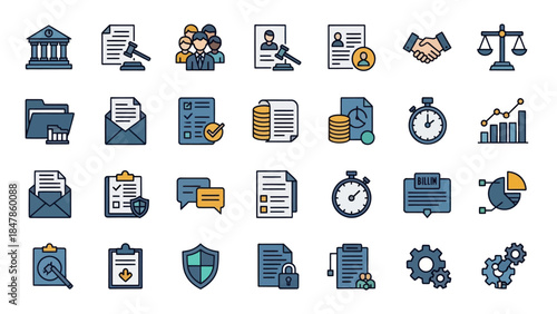 Collection of professional and administrative service icons symbolizing legal, financial and