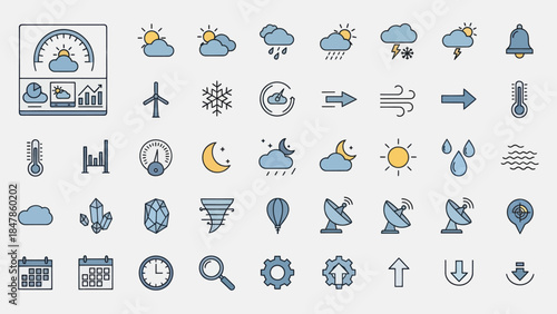 Comprehensive collection of weather and climate icons for digital interfaces and applications