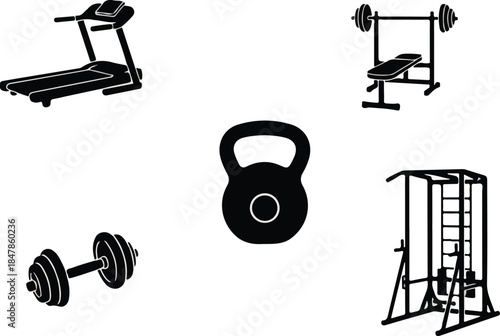 Collection of black silhouette icons representing various gym equipment including a treadmill kettlebell dumbbell weight bench and power rack for fitness design