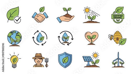 A vibrant collection of environmental icons symbolizing sustainable living ecological conservation