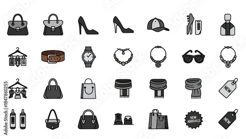 Diverse flat vector icons representing modern fashion accessories and retail shopping elements on