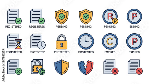Collection of Icons Representing Legal Status and Protection Such as Registered Pending Protected