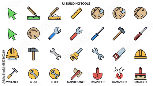 Diverse collection of user interface building tools icons for digital design and construction