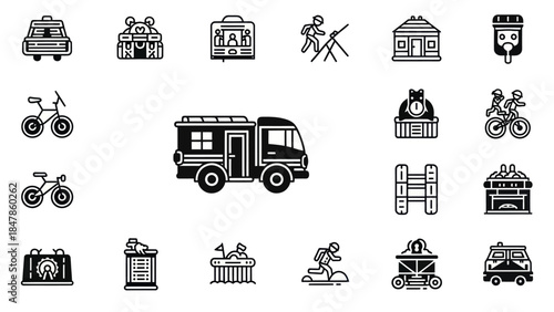 Collection of stylized icon representations for various travel and leisure activities