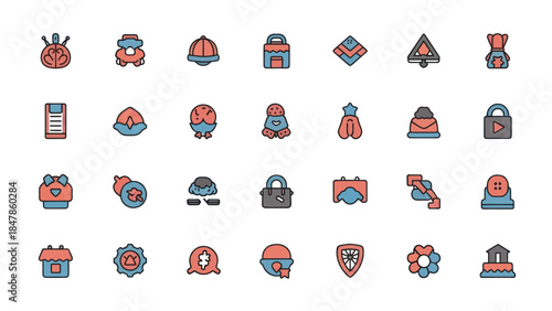 Diverse minimal flat line icon collection with subtle color accents for modern digital interfaces