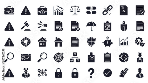Essential vector icons for business analysis, risk management, legal protection, financial