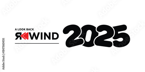 Bold “A Look Back Rewind 2025” typography with red play button icon and dynamic black year numbers on clean white background, ideal for year-in-review videos, social media recaps, highlight reels.