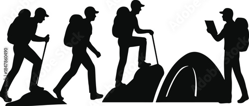 Silhouette graphic depicting a sequence of hikers trekking uphill with poles setting up camp and checking a navigation device against a white background