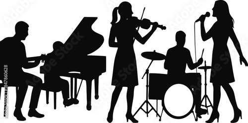 Silhouette of a diverse musical ensemble featuring a guitarist pianist violinist drummer and vocalist performing live music against a white background