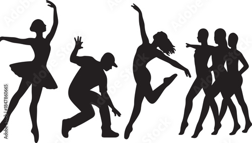 Collection of diverse dancer silhouettes showcasing ballet hip hop and modern movement styles against a stark white background