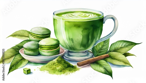 watercolor matcha tea composition leaves sweets and drink isolated on white background matcha watercolor tea