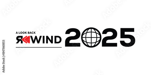 Bold “A Look Back Rewind 2025” typography with red play button icon and dynamic black year numbers on clean white background, ideal for year-in-review videos, social media recaps, highlight reels.