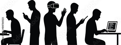 Silhouette figures demonstrating various modern technology interactions including virtual reality smartphone use and laptop computing in a sequence