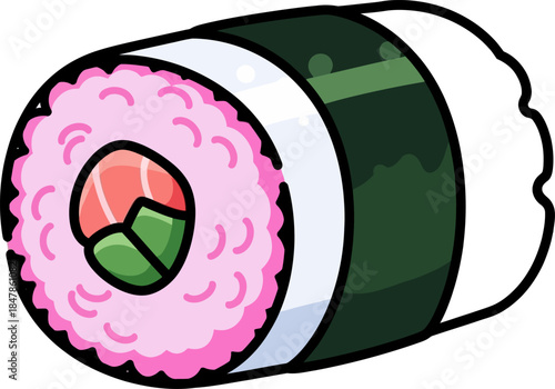 Delicious Salmon Sushi Roll with Pink Rice and Nori Seaweed.